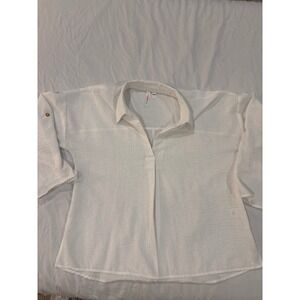 Pink & Lime White V-Neck Tunic Blouse Roll Tab Sleeve Womens Large
